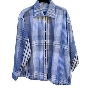 Michael Brandon Mens Blue White Check Plaid Button-Up Long Sleeve Dress Shirt XL